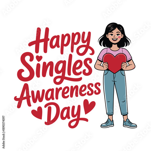 Happy Singles Awareness Day Cute Girl With Heart Illustration Vector