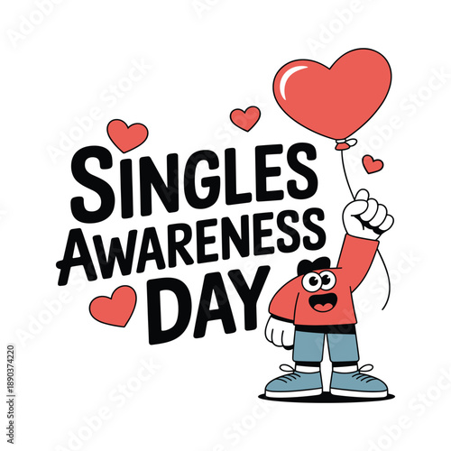 Singles Awareness Day Cute Cartoon Character With Heart Balloon Vector Illustration