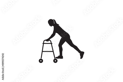 Woman silhouette using rolling walker mobility aid for physical rehabilitation on white background