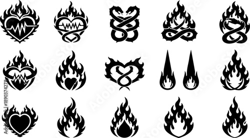 Sacred Heart & Flame Tattoo Flash Vector Set