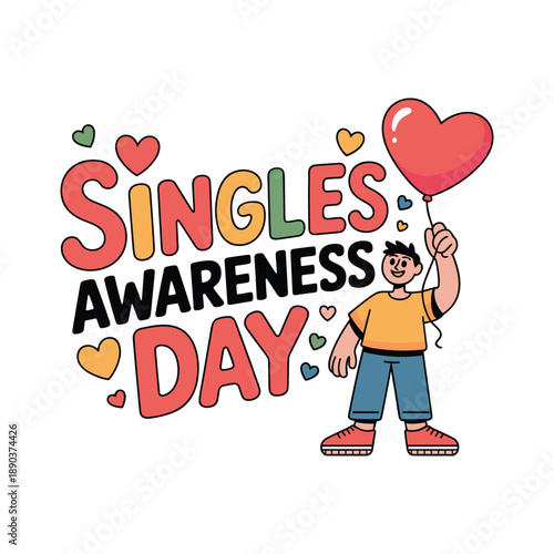 Singles Awareness Day Cute Cartoon Character With Heart Illustration Vector