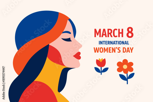 International women day with woman portrait and floral elements. Modern flat style greeting composition