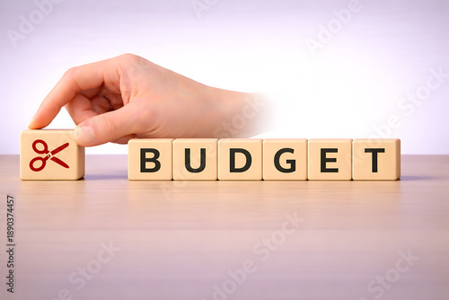 Budget cut and financial reduction concept with scissors icon and text budget made of wooden cubes