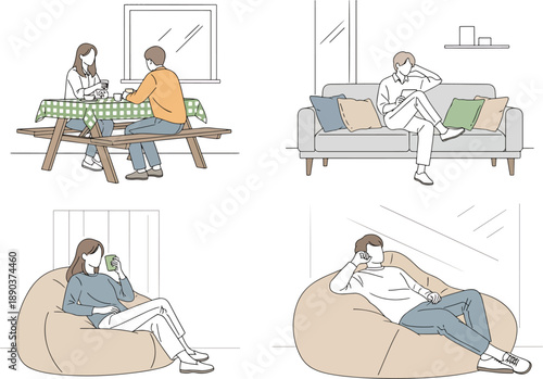 Diverse people enjoying relaxing moments indoors and outdoors in casual settings and comfortable seating