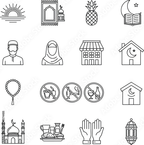 Islamic Lifestyle Vector Icon Set Featuring Thin Line Art of Muslim Men and Women Mosque Architecture Prayer Beads Halal Food and Prohibited Symbols for Ramadan and Eid Celebrations