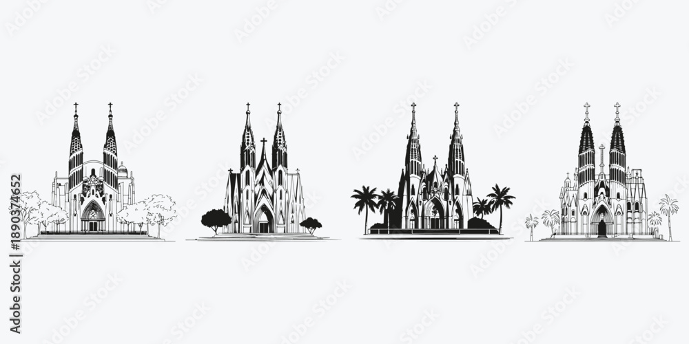 Fototapeta premium Catholic church sketch illustration vector set