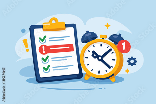 Task checklist and alarm clock illustration for planning and productivity. Time control and reminder concept