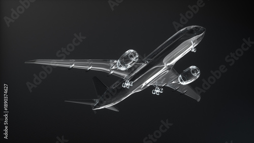 Photos 3D render of a transparent glass Boeing 787 depicted in an upward flight angle over a dark textured surface