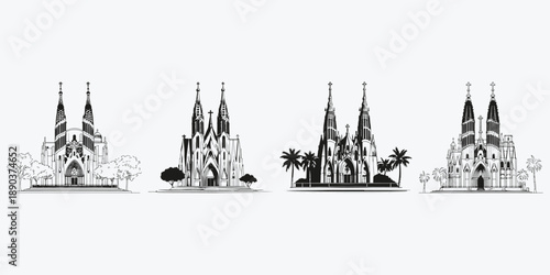 Catholic church sketch illustration vector set