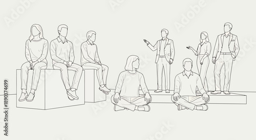 Diverse group of people in various poses and settings men and women sitting standing meditating and presenting in minimalist illustration style