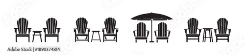 Adirondack chairs and tables or umbrellas set vector illustration, classic outdoor furniture for garden