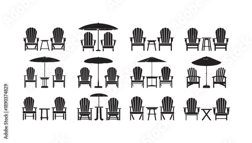 Adirondack chairs and umbrellas vector illustration, classic outdoor furniture for garden and patio lounge