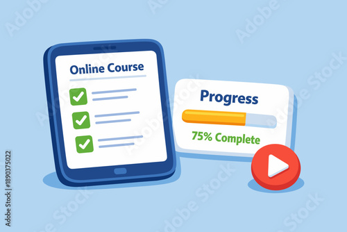 Online course interface with progress bar illustration. Digital education and learning progress concept