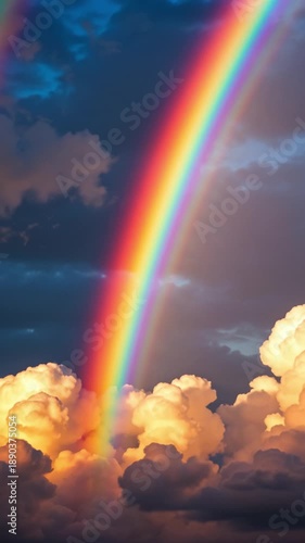 Vibrant rainbow arches across dramatic sunset sky with glowing orange and pink clouds, creating magical atmospheric scene against deep blue background