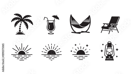 Collection of summer and beach icons. palm tree, cocktail, hammock, lounge chair, sunset, and lantern illustrations