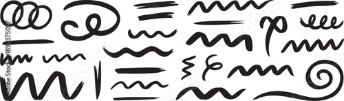 hand drawn scribble line art elements set, abstract doodle curves artistic collection, creative sketch stroke symbols black