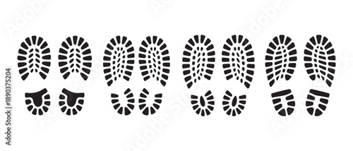 Black Shoe Prints and Boot Footprints Pattern on Clean White Background, Vector Icon Set.