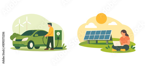 Eco friendly lifestyle illustration with electric car charging station. Sustainable transport and green energy concept