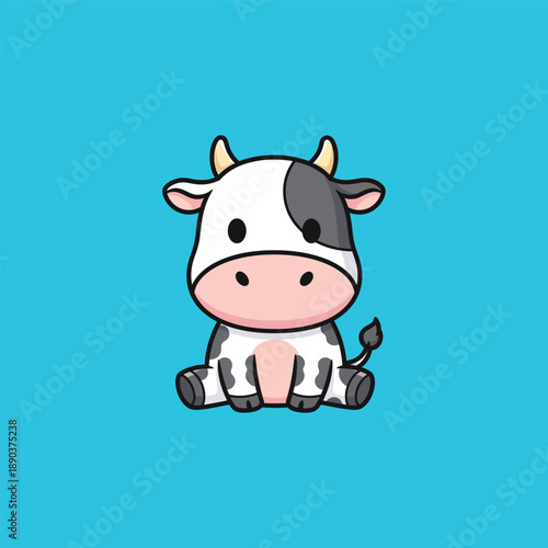Adorable cartoon cow with black and white spots sitting on a blue background.