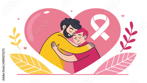 Single Awareness Day Couple Hug With Heart Ribbon Love Vector Illustration