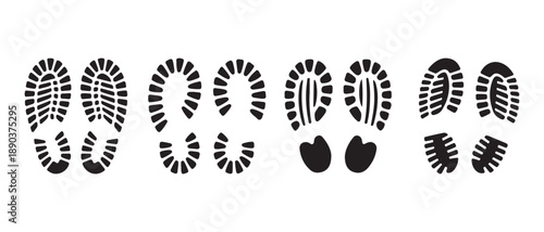 Footprint Tread Patterns Collection. Shoe Soles, Hiking Boots, Sneaker, Casual Shoe Imprints.