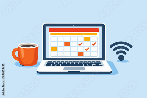 Laptop calendar with coffee cup and wifi symbol illustration. Remote work and online schedule concept
