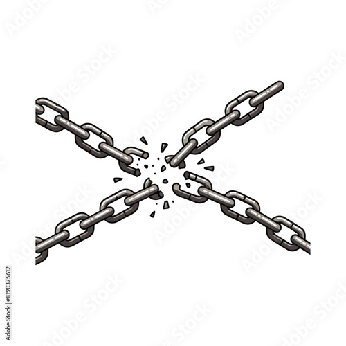 Four metal chains crossed and breaking apart with fragments flying off in a dynamic motion against a plain white background.