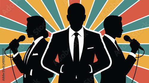 Silhouettes of confident business speakers presenting with microphones
