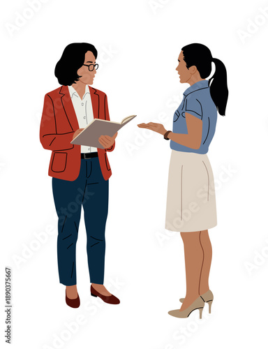 Flat vector illustration of two businesswomen discussing in a clean minimalist style, perfect for professional and corporate contexts.