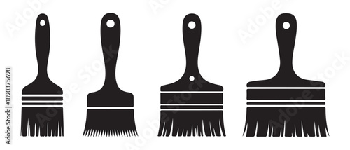 Set of Four Black Paint Brushes in Different Sizes, Vector Graphics.