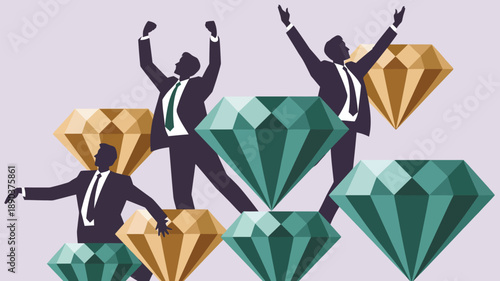 Businessmen celebrating success with diamond symbols of wealth and achievement
