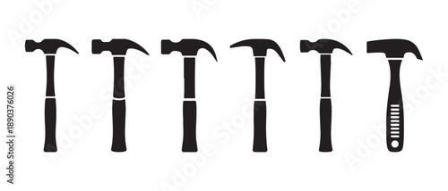 Set of diverse hammers, construction tools, silhouette on white background.