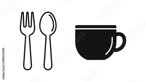 Simple black and white icons representing dining options including cutlery and a hot beverage cup