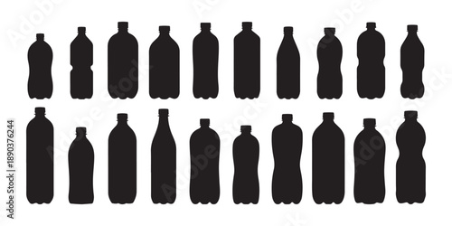 Diverse Black Plastic Bottle Silhouettes Collection Various Shapes And Sizes.
