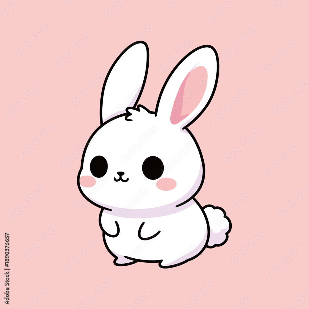 Obraz premium Adorable white baby bunny rabbit character sitting on pink background, cute kawaii animal mascot vector illustration for children and easter greeting cards