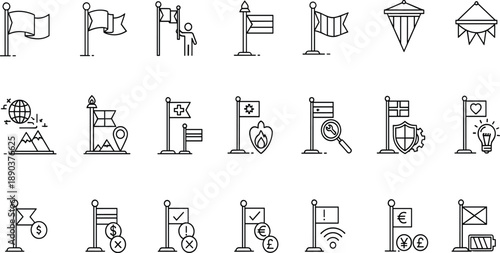 Vector Line Art Icon Set of Flags and Symbolic Achievement Featuring Pennants Banner Poles Mountain Peaks Global Goals Financial Success and Strategic Leadership Icons