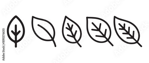 Set of five stylized leaf icons in a row, outline, minimalist design, natural elements.