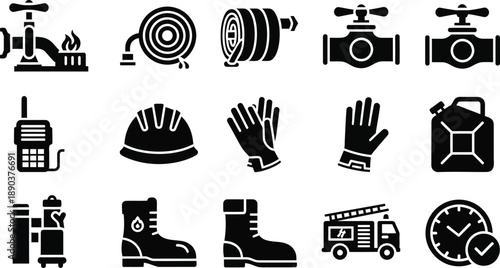 Black silhouette icons of emergency response and safety equipment silhouette