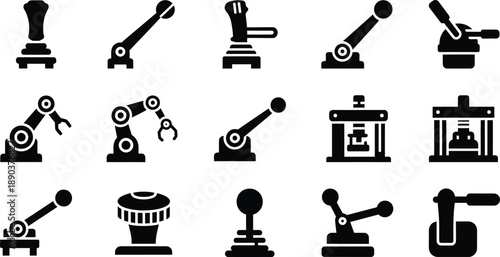 Industrial robotic arm silhouette icons set for design and manufacturing