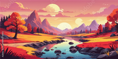 Colorful autumn mountain landscape vector illustration with river, vibrant fall trees, scenic valley, sunset sky, nature background in flat design style