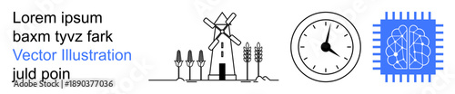 Sustainability, innovation, artificial intelligence, time management, renewable resources, clock functionality. Windmill, fields a clock and a brain microchip. Sustainability and innovation