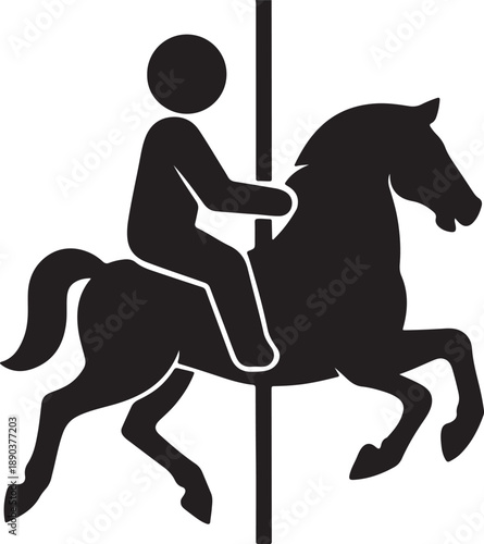 A simple black silhouette icon of a person riding a carousel horse on a pole