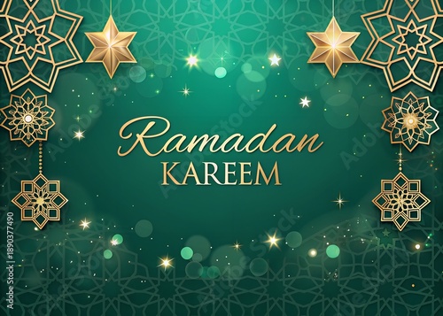 ramadan kareem emerald green background with gold stars and ornaments