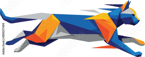 Dynamic geometric illustration of a swift-running cat, crafted with vibrant blue and orange polygonal shapes, embodying speed, agility, and modern graphic design principles for branding