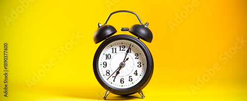Black alarm clock on a yellow background. The concept of time management.