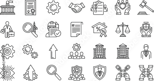 Vector Line Art Icon Set of Legal and Business Management Featuring Justice Scales Gavel Architecture Blueprints Corporate Handshakes Government Buildings and Professional Compliance Symbols