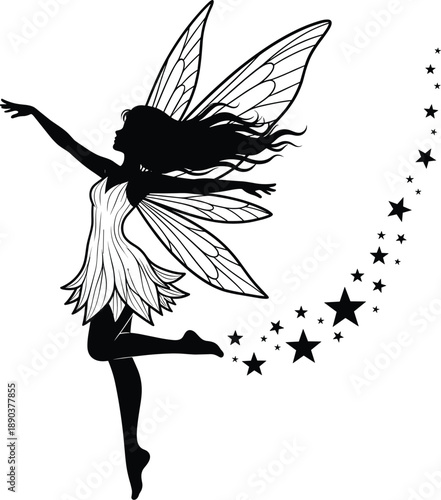 Airborne Fairy Silhouette with Dragonfly Wings and Flowing Hair Casting Stars in a Magical Pose with Petal-Layered Dress