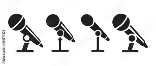 Microphone Icons on Stands, Row of Four Dynamic Microphones for Music and Speech.