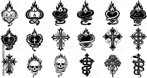Sacred Heart & Flame Tattoo Flash Vector Set