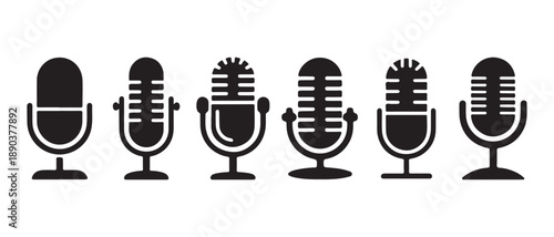 Collection of diverse microphone icons for podcasting, recording, and broadcasting communication concepts.